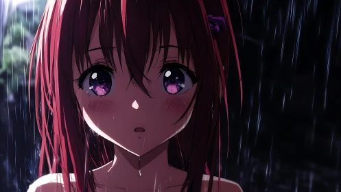 Anime portrait in rain with dramatic frontal lighting focus.