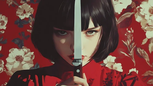 Crimson gaze and silver edge in a floral painted dream.