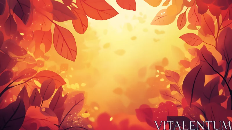 Autumn foliage canopy framing radiant golden sunset glow.