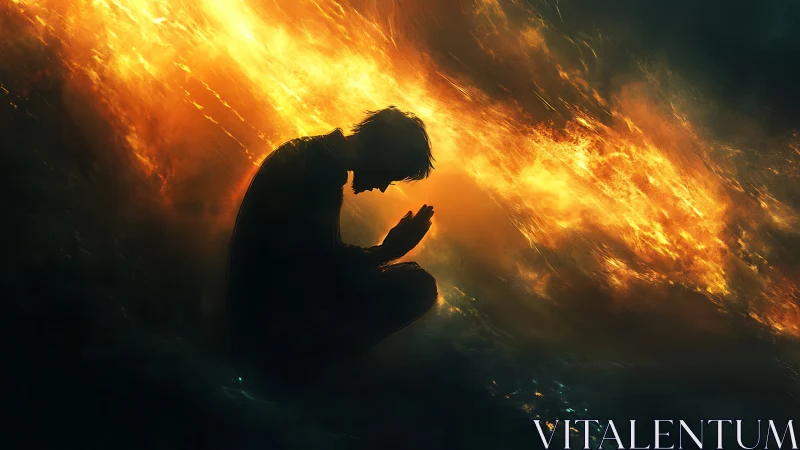 Silent figure kneels in prayer wrapped in pouring firelight
