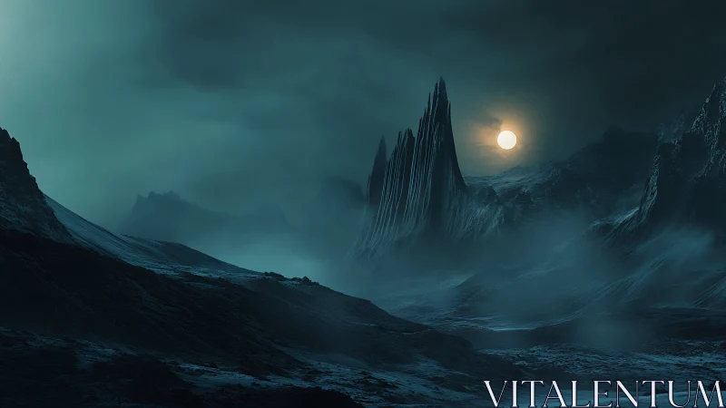 Moody moonlit spire rising over a misty alien valley.