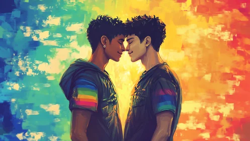 Two Men Embrace in Rainbow Light Against Vibrant Gradient.
