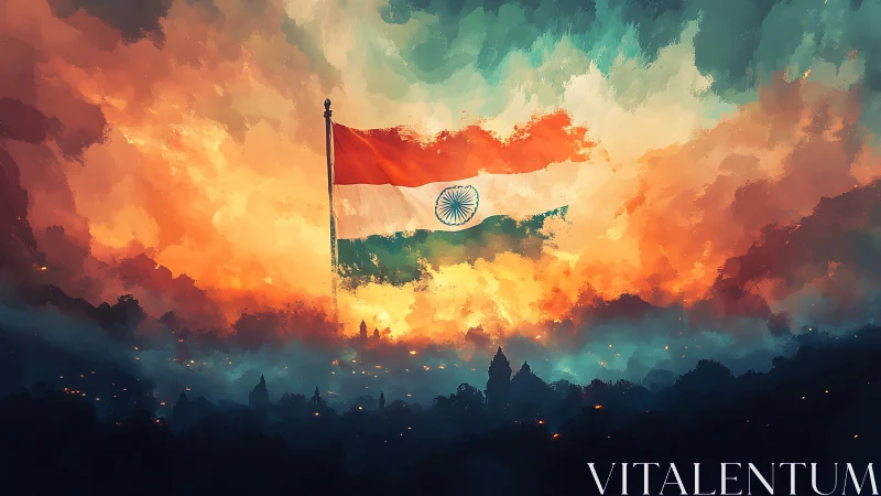 Indian flag over stylized skyline under dramatic sky.