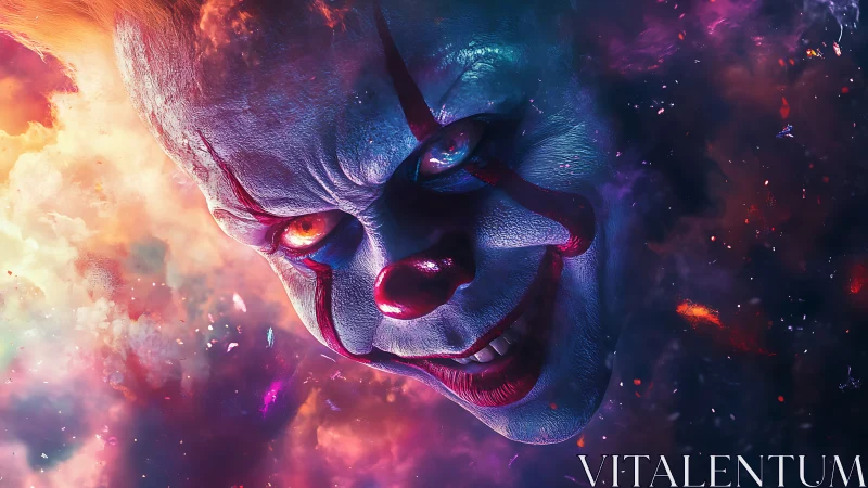Sinister clown face emerges from swirling cosmic void.
