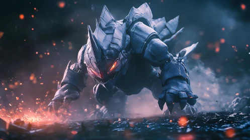 Armored kaiju creature advances through embers in cinematic haze