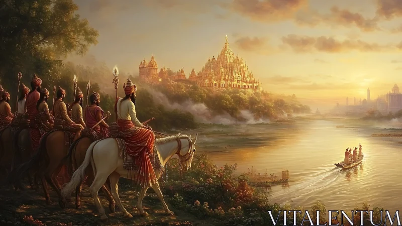 Epic river procession toward golden mythic palace at dusk.