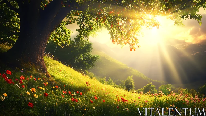 Majestic sunlit tree overlooking wildflower meadow, digital art.
