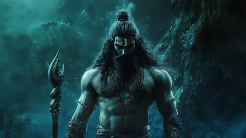 Mythic warrior deity in teal-lit atmospheric cavern.