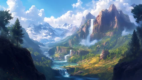 Layered alpine valley with cascading waterfalls and atmospheric haze