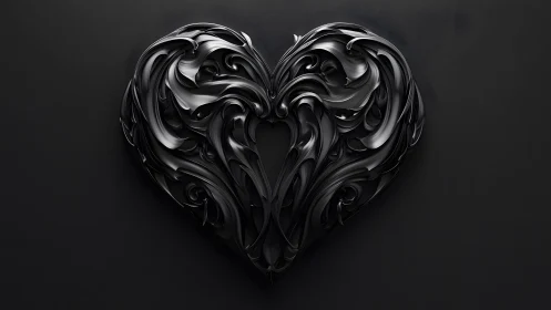 Intricate black metallic heart in ornate baroque style on dark background.