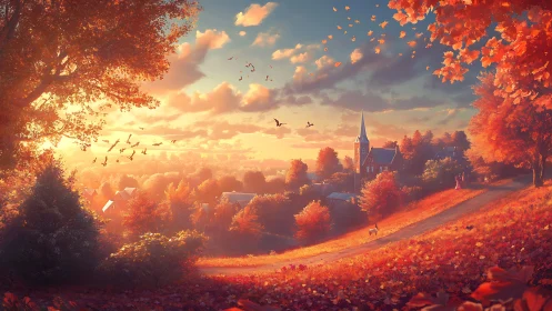 Golden autumn sunset bathes a peaceful village hillside