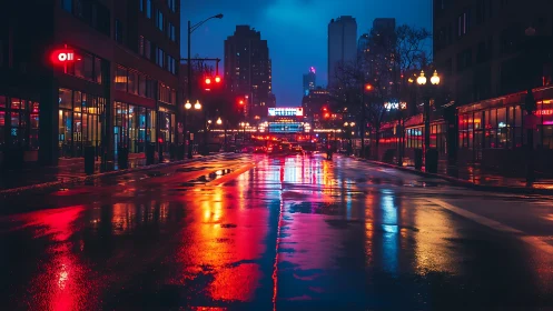 Neon-lit rain street with reflective urban vanishing point focus.