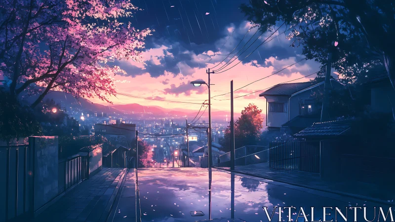 Twilight rain paints a quiet hillside street in soft colors
