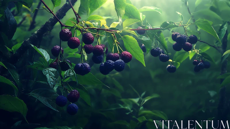 Forest twilight berries glowing beneath misty emerald leaves.