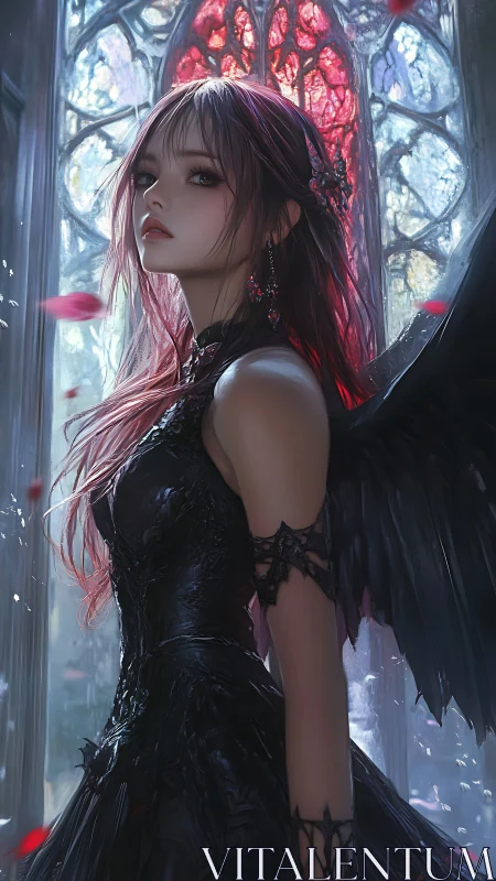 Dark-winged gothic angel gazes back beneath stained glass.