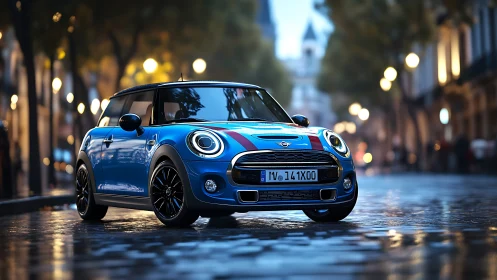 Blue city mini cooper glows on a rain-slick evening street.
