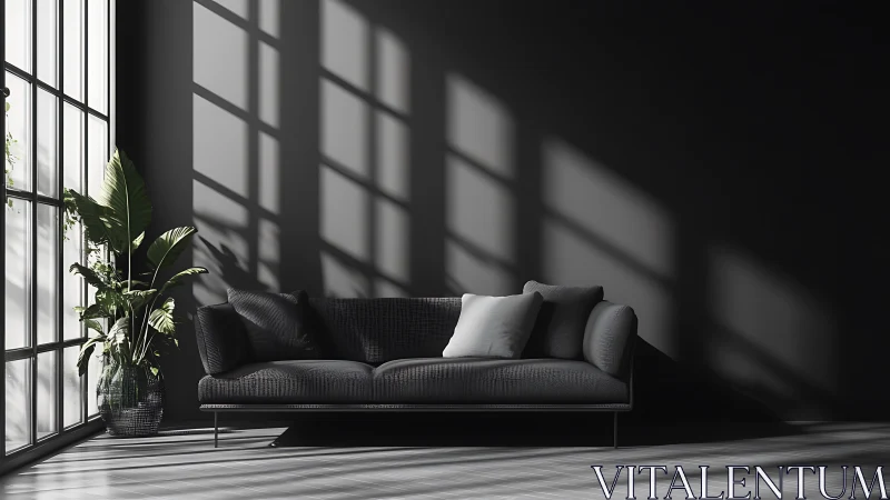 Minimalist dark sofa in high-contrast daylight interior.