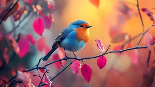 Vibrant Robin on Branch in Autumnal Colors, Soft Focus Nature Art.