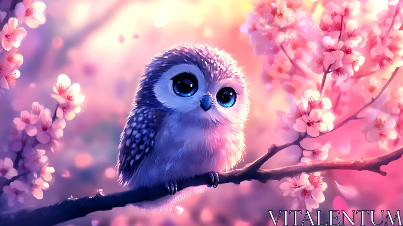 Adorable baby owl on cherry blossom branch in dreamy pastel art.