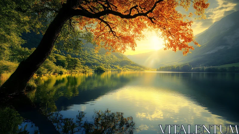 Lake shoreline with autumn foliage and low sun reflection.