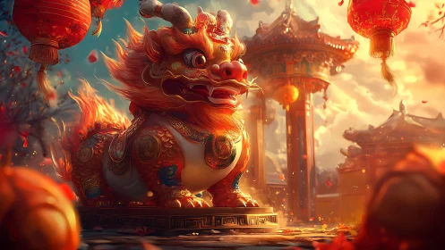 Fiery guardian lion watches over lantern‑lit temple courtyard.