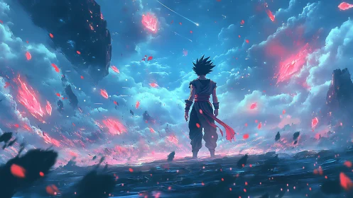 Lone anime warrior confronts a storm of burning skies