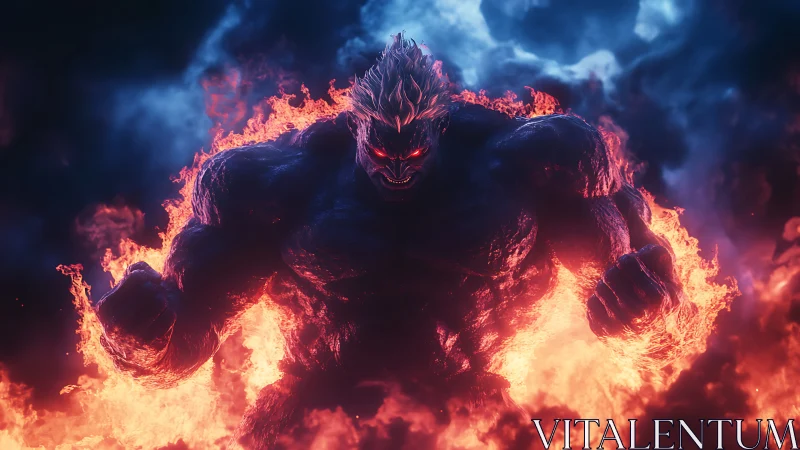 Inferno titan strides from stormclouds with molten fury.