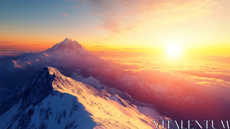 Digital painting of sunlit alpine ridgeline at cloud horizon.