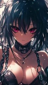 Dark haired anime woman with collar and hanging chains.