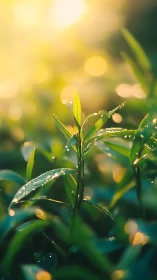 Sunlit dew-kissed sprout rising through soft golden haze.