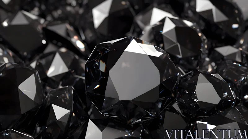 Close-up view of multiple glossy faceted black diamonds.
