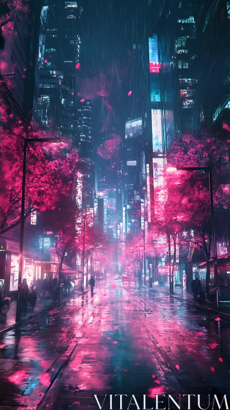 Neon rain boulevard under glitch-pink cherry halos.