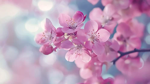 Soft pink cherry blossoms glow gently in dreamy spring light