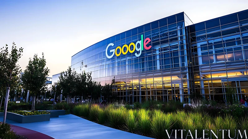 Corporate glass facade captures dusk light in tech campus view