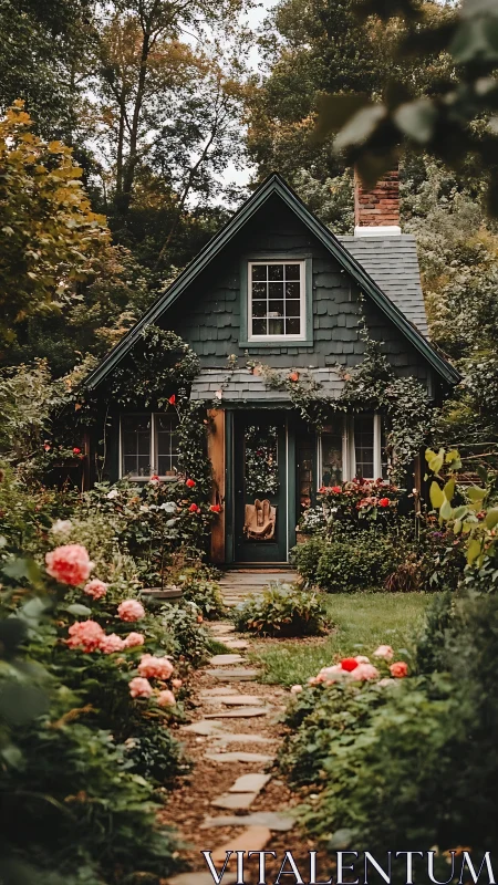 Cozy forest cottage framed by lush blooming garden path