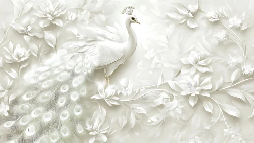Ivory peacock rests amid delicate floral arabesques.