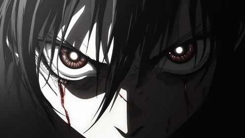 Intense anime face with glowing eyes and bloodstained cheeks