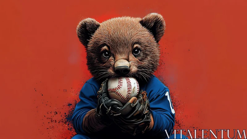 Cute young bear holds a baseball in bold sports portrait.