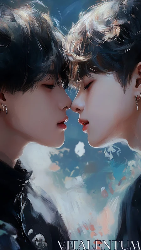 Two lovers lean close in a dreamlike, intimate portrait