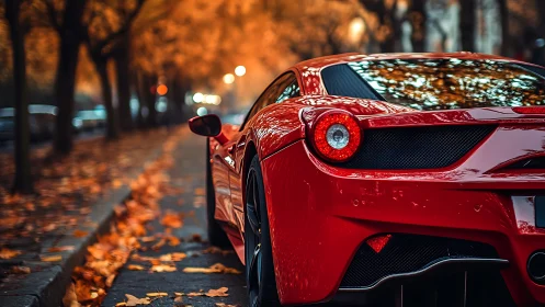 Red sports car parked on autumn city street at dusk.
