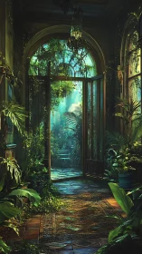 Sunlit conservatory doorway opens into overgrown jungle garden