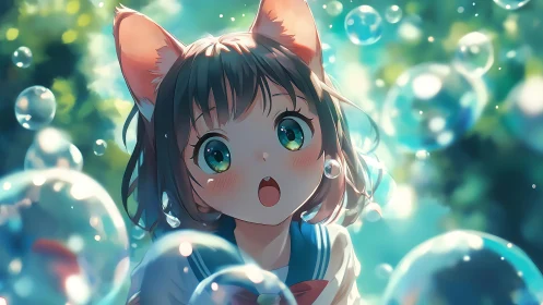 Cat eared anime girl gazes at floating bubbles outdoors.