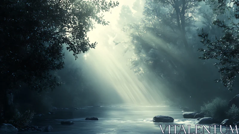 Forest river caught in silver dawn and whispered sunbeams.