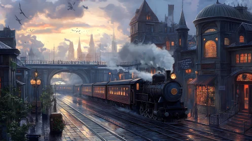 Steam train gliding through a glowing rainy city evening.