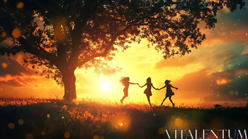 Children Running Through Sunset Field Under Ancient Tree.