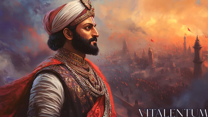 Regal maratha commander in jeweled armor above fortified city
