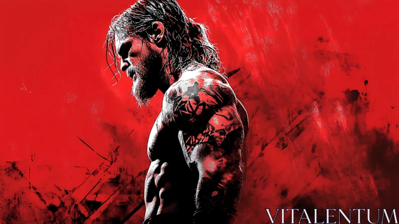 Quiet Strength in Red: Tattooed Warrior in Profile.