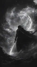 Monochrome dark knight silhouette under crescent vortex sky.