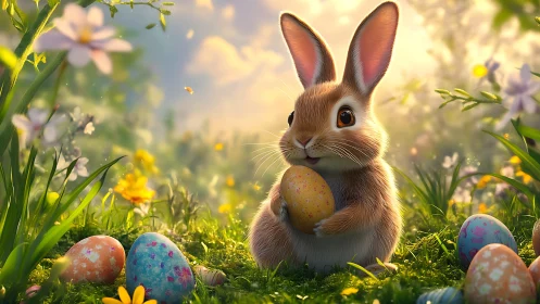 Playful spring bunny cradling painted Easter egg in meadow.