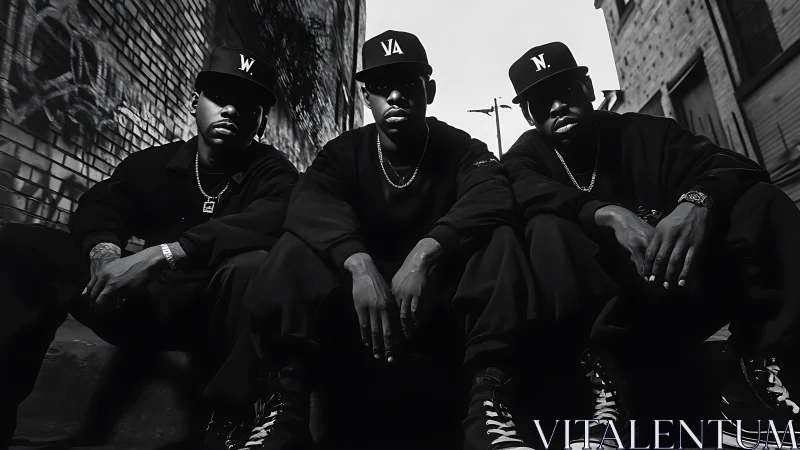 Hip hop trio in black streetwear on urban alley steps.